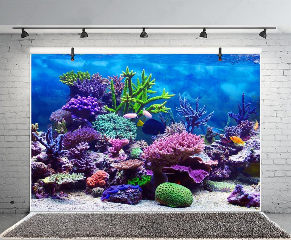 AOFOTO 7x5ft Under The Sea Backdrop Underwater Seascape Coral and Fish Aquarium Photography Background Marin Ocean Diving Atoll Reef Summer Kids Birthday Artistic Portrait Photoshoot Studio Props