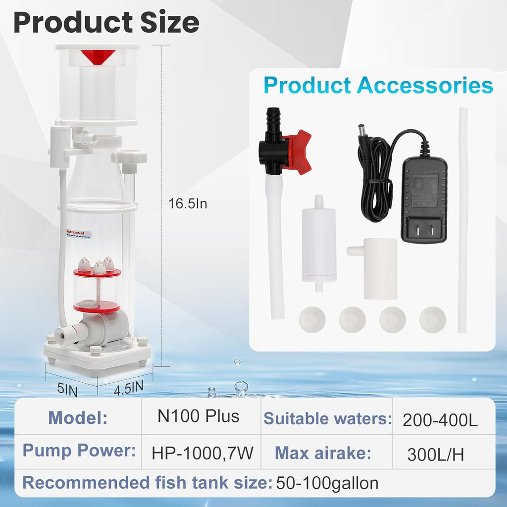 Protein Skimmer for 50-100 Gallon Saltwater Aquariums,Energy Efficient DC Windmill Pump,Adjustable Flow Control & Silent Operation (<35dB),Nano-Scale Protein Skimmer