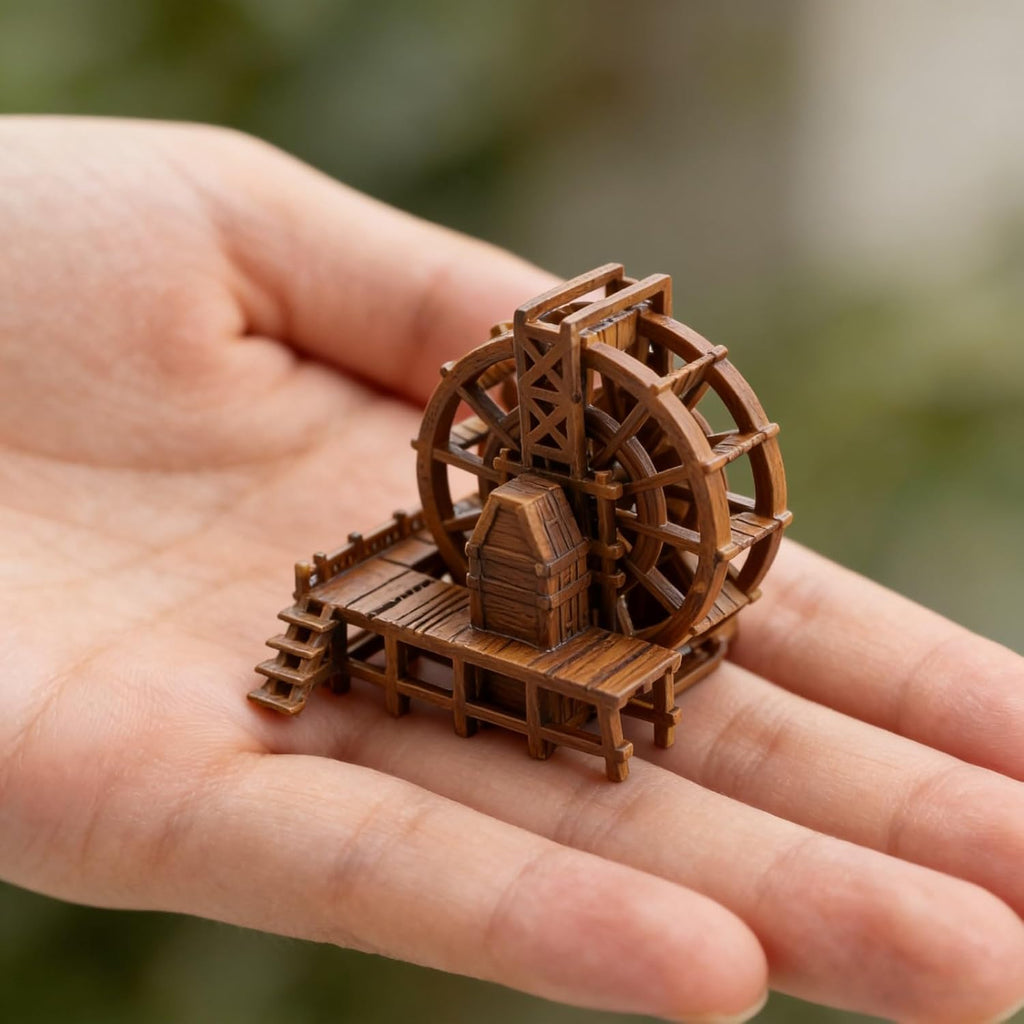 LOGOFUN Miniature Windmill Waterfall Ornament with Wheel Miniature Resin Aquarium Decoration for Fish Tank Aquarium Home Garden Decor - Brown 3cm