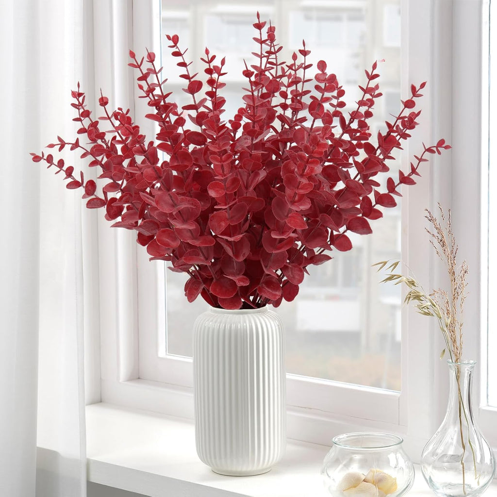 RECUTMS 36Pcs Red Eucalyptus Leaves Stems Artificial Leaf Branches Decor for Indoor Outdoor Valentines Day Christmas Picks Floral Arrangement Wedding Party Bouquet Home Office Table Decoration