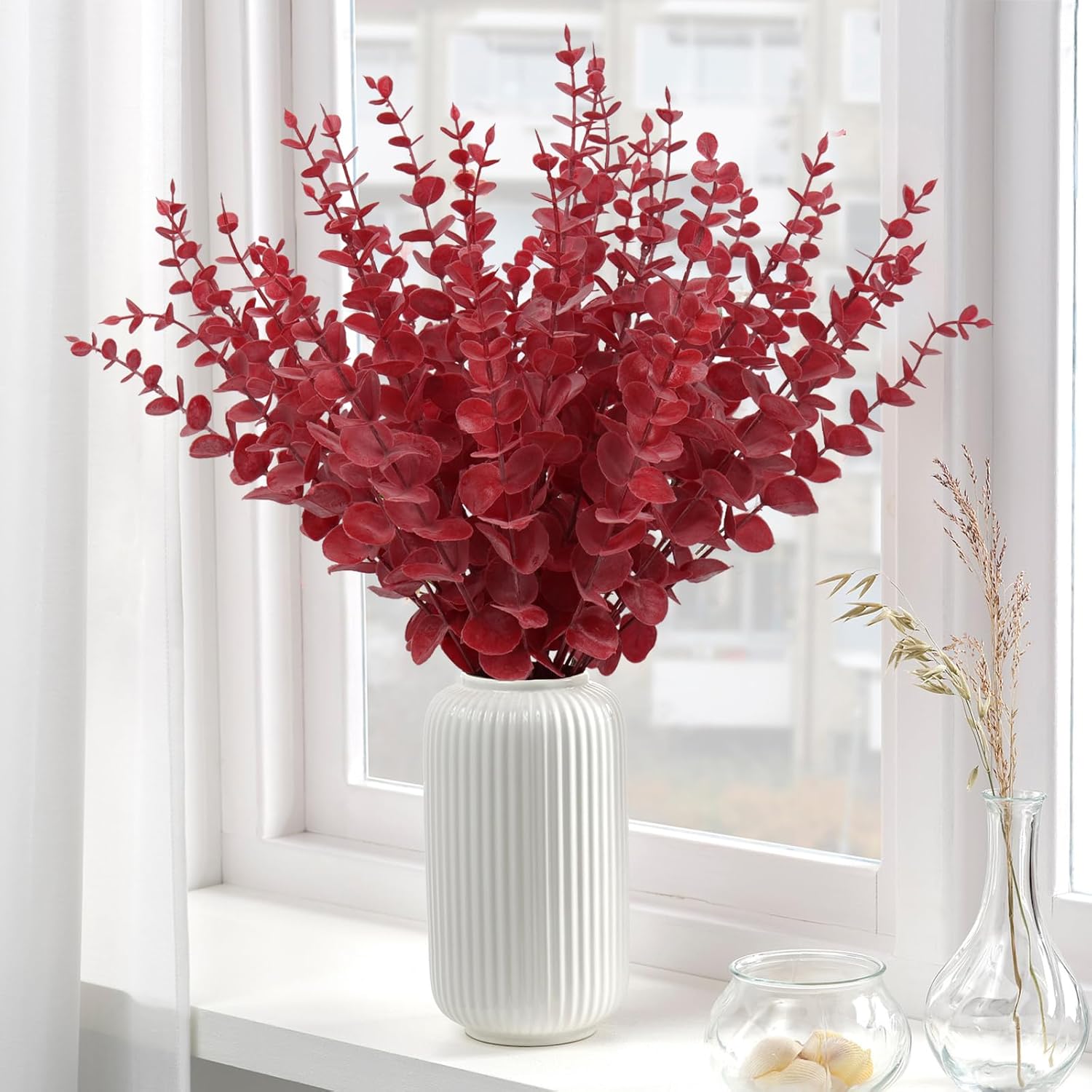 RECUTMS 36Pcs Red Eucalyptus Leaves Stems Artificial Leaf Branches Decor for Indoor Outdoor Valentines Day Christmas Picks Floral Arrangement Wedding Party Bouquet Home Office Table Decoration