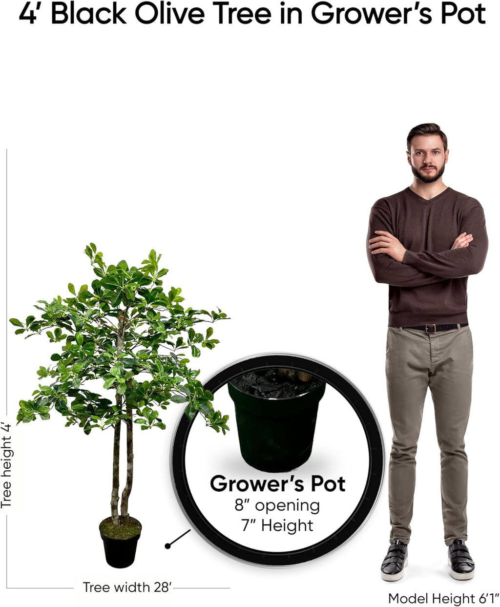 Cypress & Alabaster Handmade 4ft Italian Black Olive Leaf Artificial Tree with Ethically Sourced Real Wood Trunks, Hypoallergenic, 4-Foot, Green