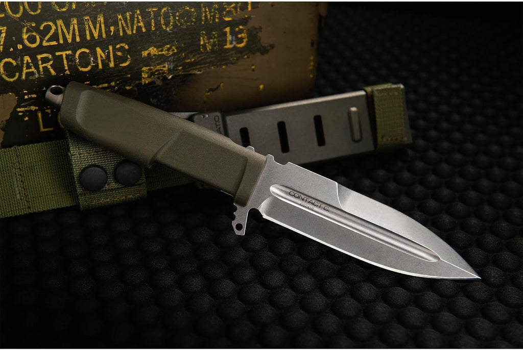 Extrema Ratio - Contact C (Ranger Green) Fixed Blade Knife, Böhler N690 Steel Blade Hardened to 58 HRC, Stone-Washed Finish, Full-Tang Design, Ergonomic Forprene Handle, Precision Handcrafted in Italy, Durable and Reliable
