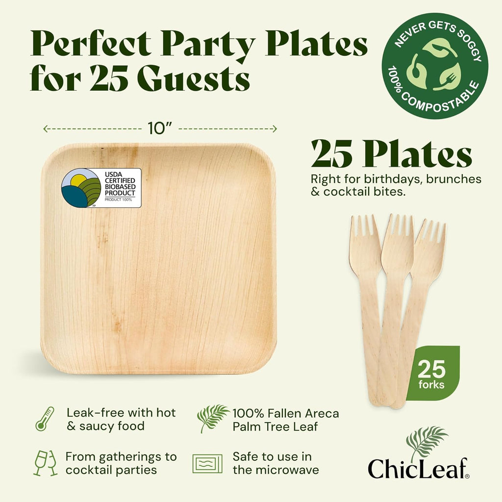 Chic Leaf Palm Leaf Plates Disposable Inch Square Pack Compostable Biodegradable & Eco Friendly Plates, Christmas Dinner Meal, Holiday Turkey - Microwave Safe Disposable (10'' - 25 Pack)