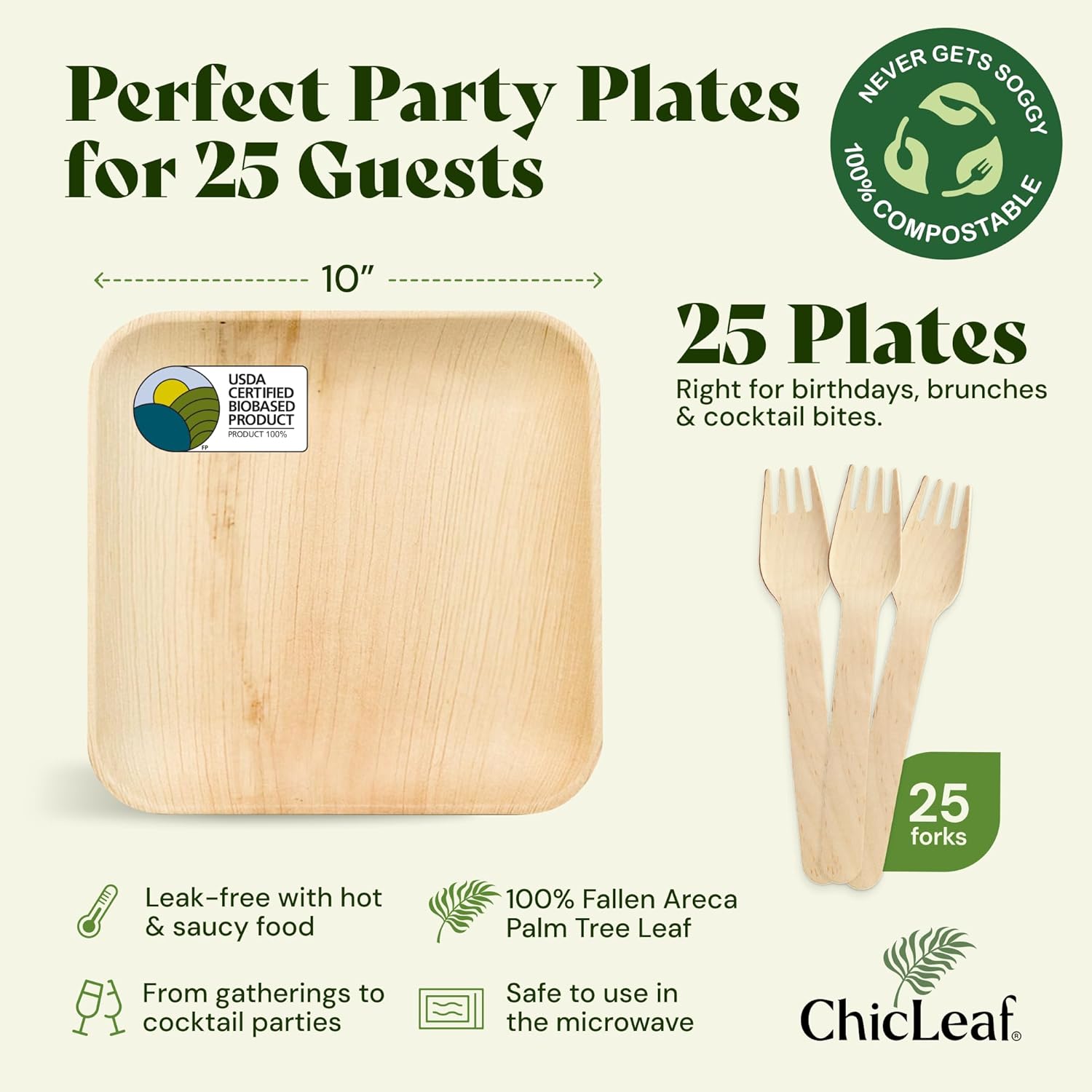 Chic Leaf Palm Leaf Plates Disposable Inch Square Pack Compostable Biodegradable & Eco Friendly Plates, Christmas Dinner Meal, Holiday Turkey - Microwave Safe Disposable (10'' - 25 Pack)