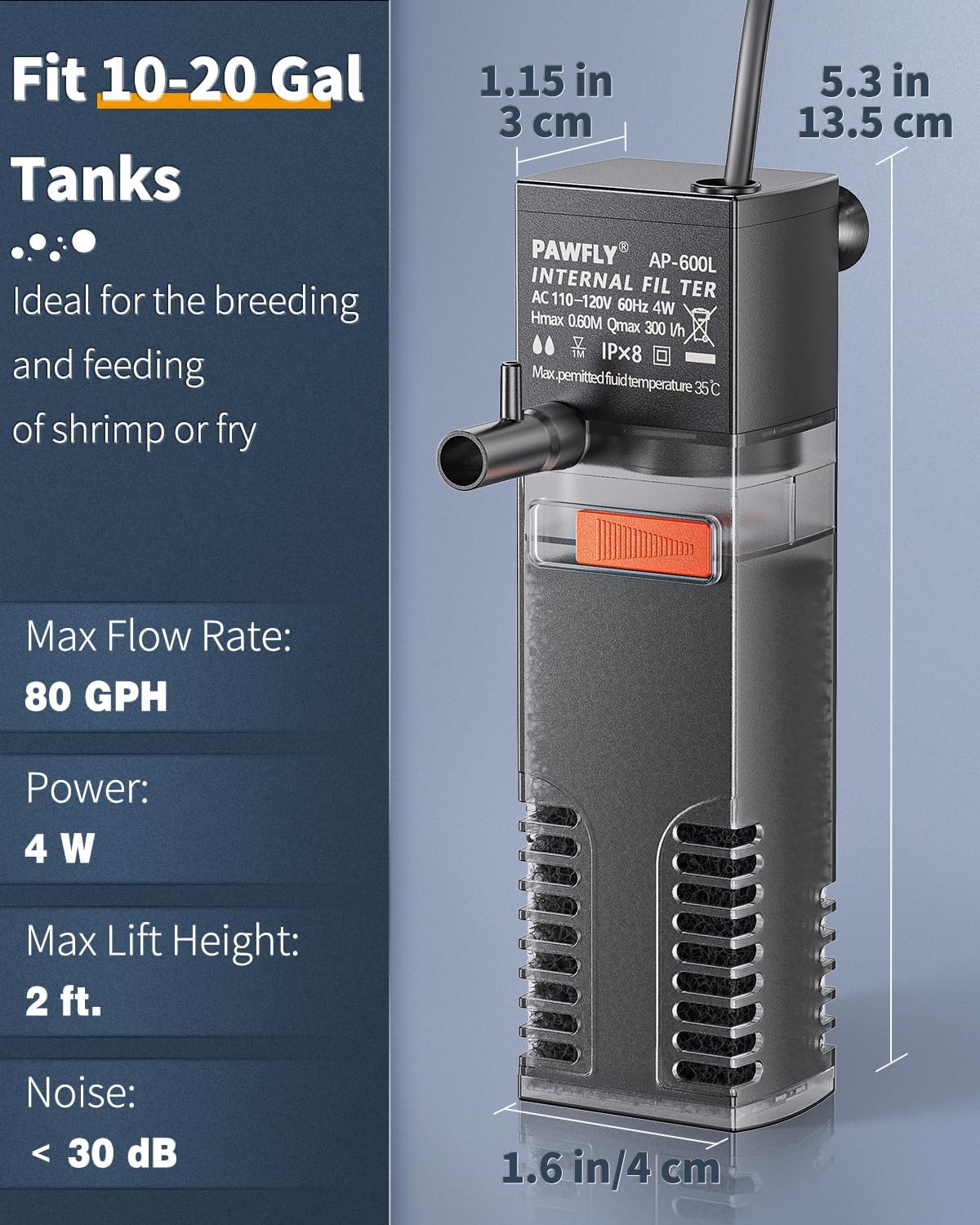 Pawfly Internal Aquarium Filter with 80 GPH Water Pump Quiet Submersible Bio Sponge Foam Filter for 10 to 20 Gallon Fish Tanks Small Multifunctional Filter for Filtration Circulation and Oxygenation