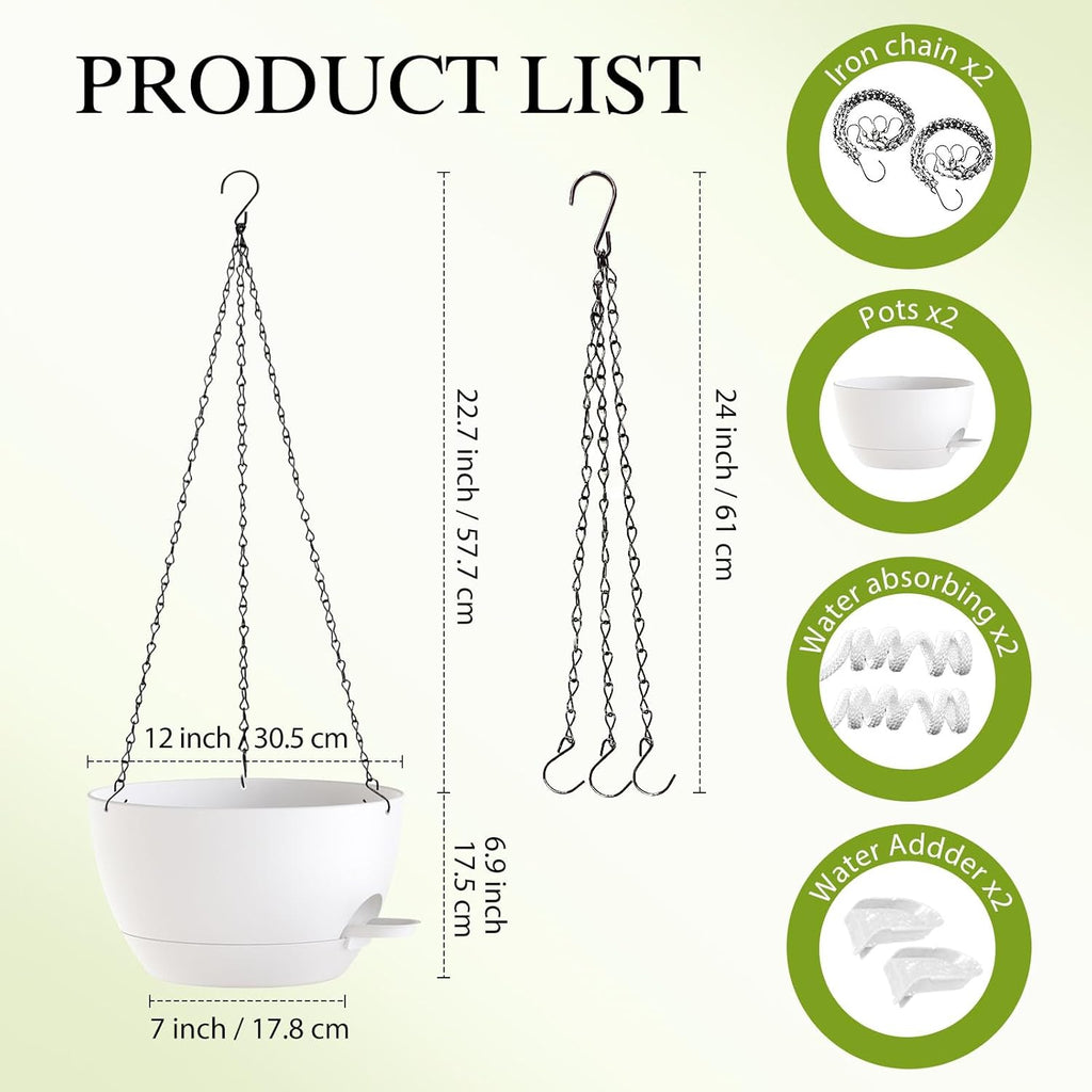 12 Inch Hanging Baskets 2 PC with Chains, Self-Watering Hanging Planters for Indoor Outdoor Plants, Plastic Hanging Flower Pots,White
