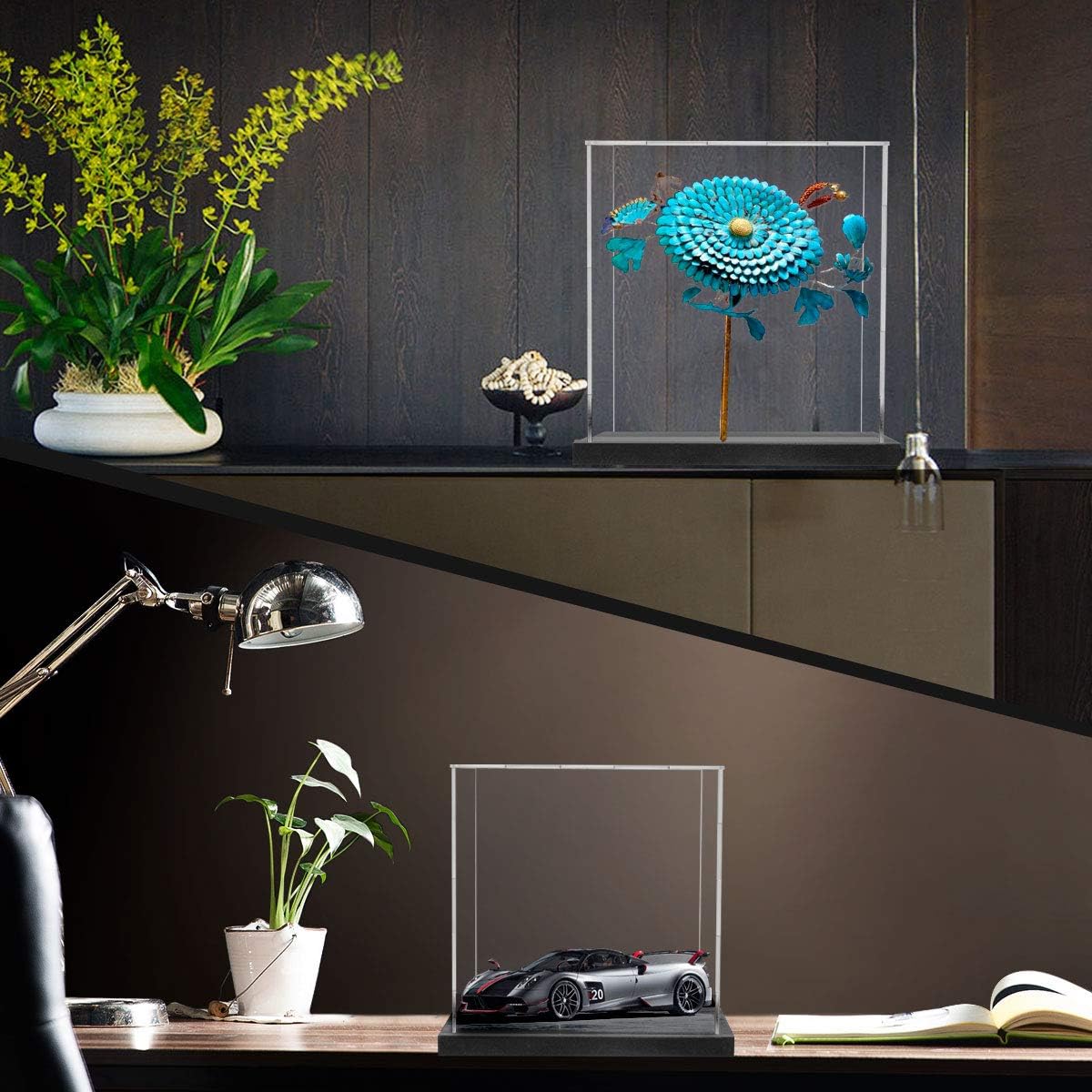 Acrylic Display Case with Navy Blue Velvet Base, Simple Self-Assembly Clear Acrylic Display Box with Lid, 6 Inch Cube Countertop Box for Collectibles, Home Organization (6x6x6 inch)