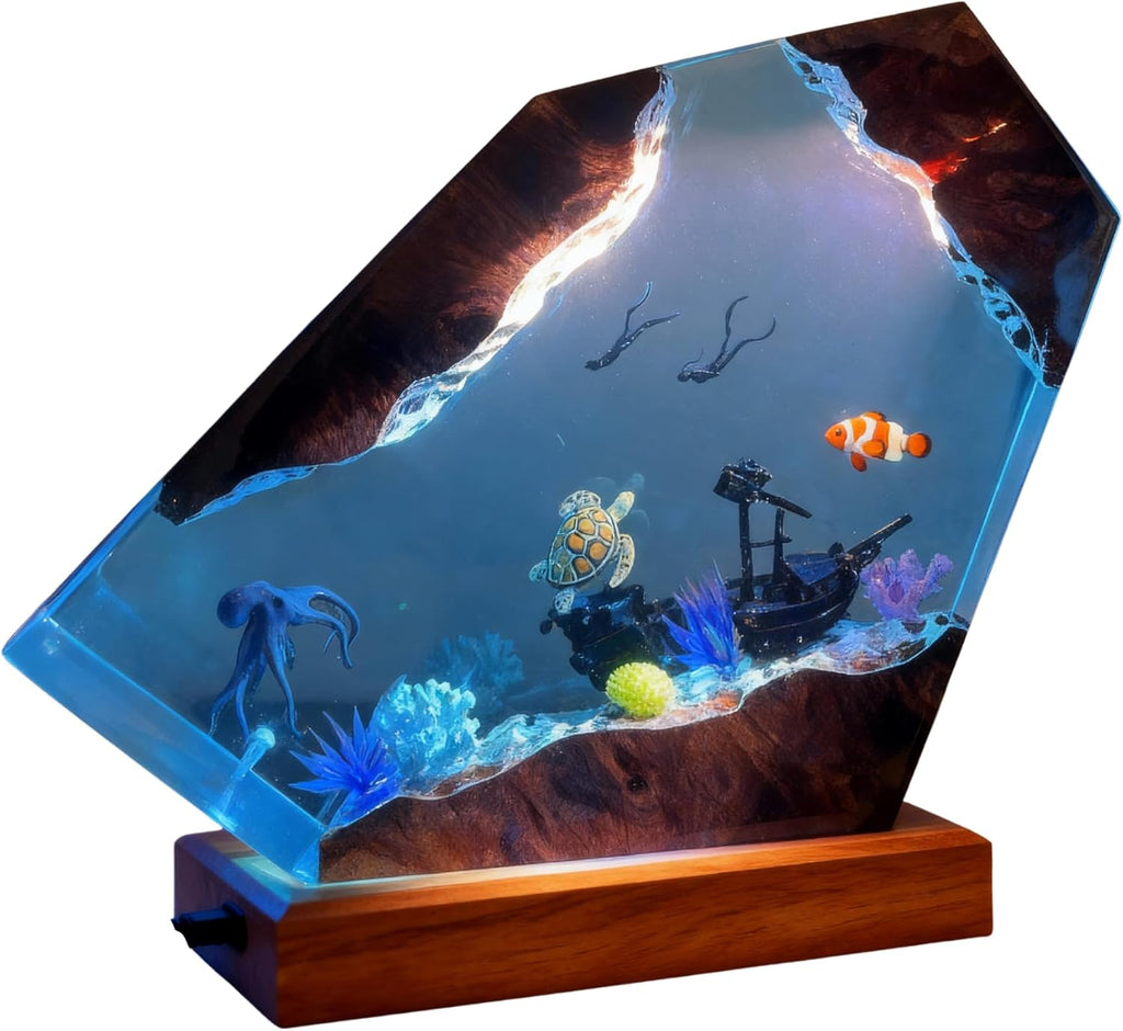 Ocean Resin Lamp – Marine Life Night Light with 16 Color LED, USB Powered Whale Shark & Turtle Desk Lamp with Wooden Base & Remote,Handmade Gift for Christmas, New Year