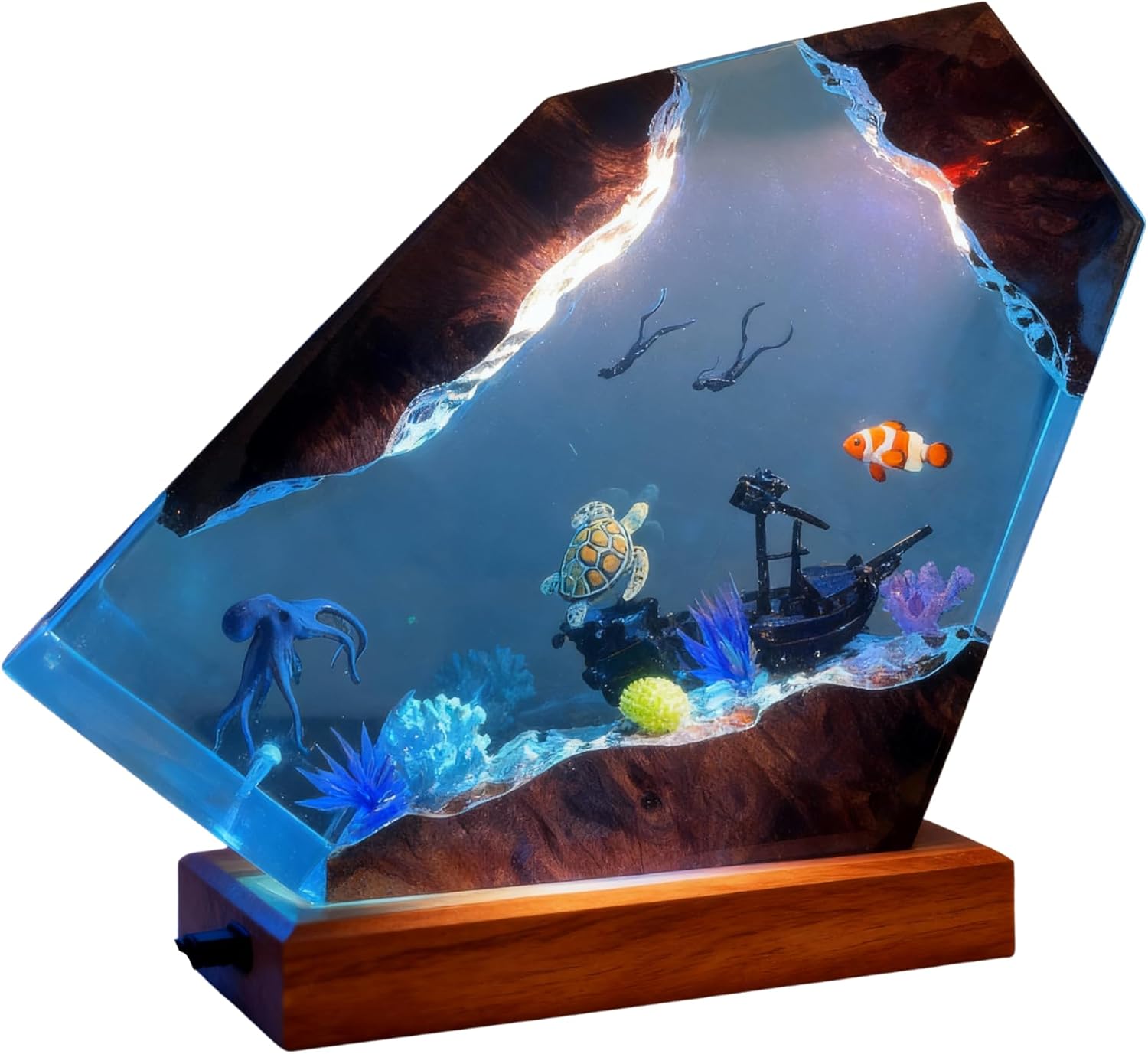 Ocean Resin Lamp – Marine Life Night Light with 16 Color LED, USB Powered Whale Shark & Turtle Desk Lamp with Wooden Base & Remote,Handmade Gift for Christmas, New Year