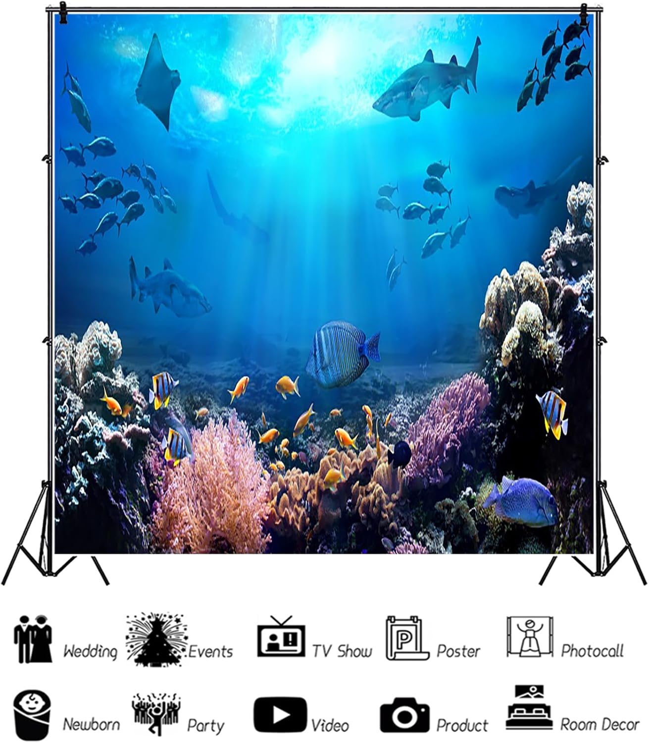 AOFOTO 8x8ft Underwater World Backdrop for Photography Aquarium Seabed Rocks Lights Coral and Fishes Tropical Ocean Scene Under The Sea Background Kids Party Decoration Banner Photobooth Props