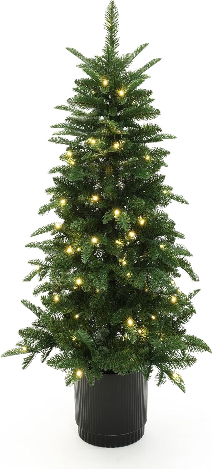 LuxenHome 4.5FT Small Christmas Tree, Prelit Slim Potted Christmas Trees with 100 Warm White LED Lights, Lighted Pine Tree with Fluted Black Pot, Small Faux Holiday Tree for Home Display