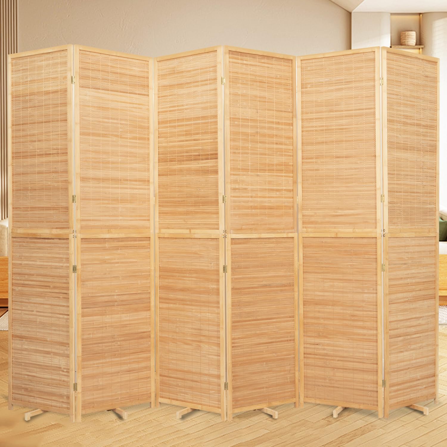 Bamboo Room Divider Folding Privacy Screens, Wall Divider for Room Separation, Portable Room Partitions and Dividers, 5.6FT Bamboo Mesh Woven Room Divider Panel (Brown, 6 Panel)