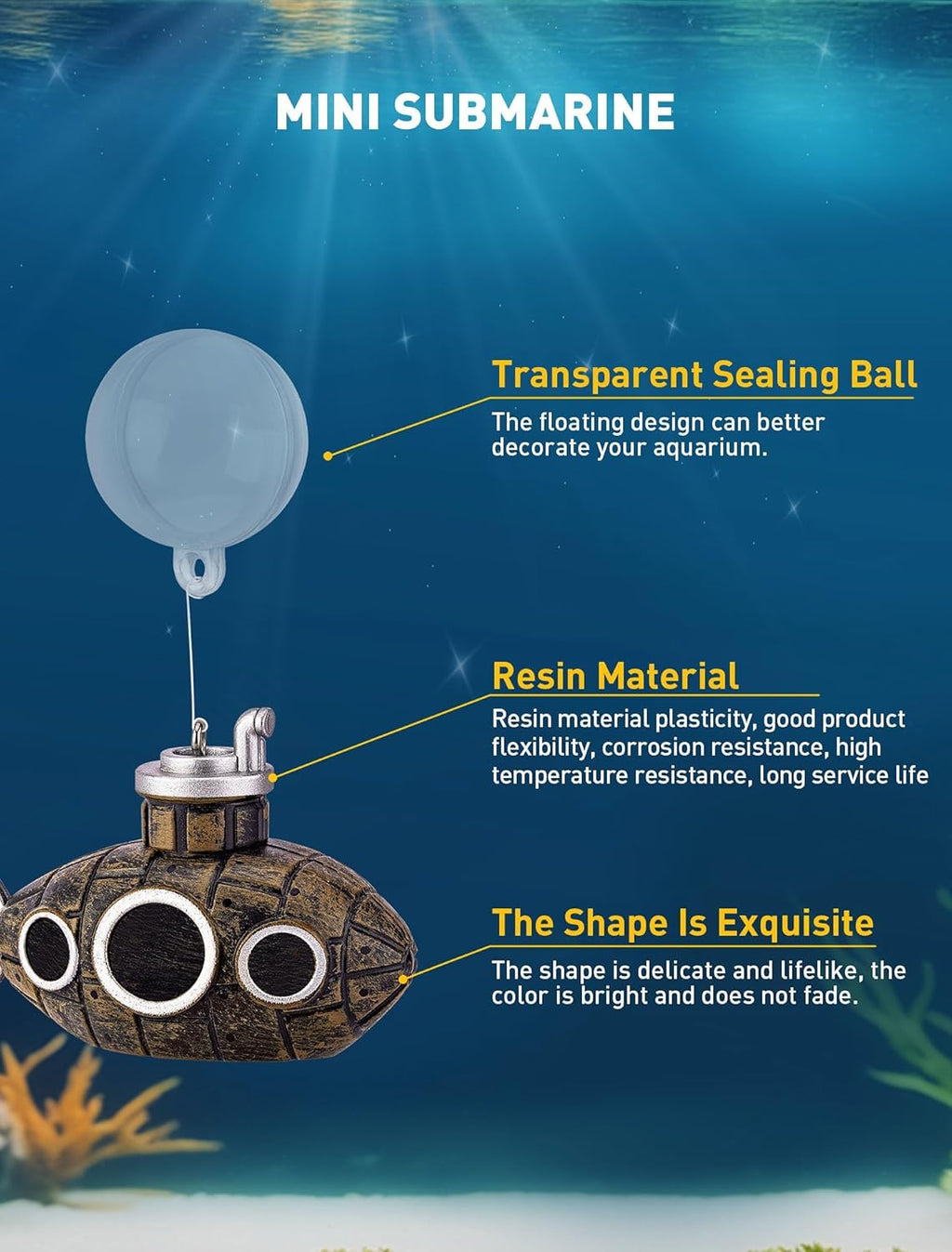 2.1 in Mini Floating Submarine Fish Tank Decoration, Safe Resin Aquarium Decoration for Betta Toys, Cichlid, Goldfish, Shrimps and Hermit Crabs, Cute Retro Underwater Fish Tank Accessories
