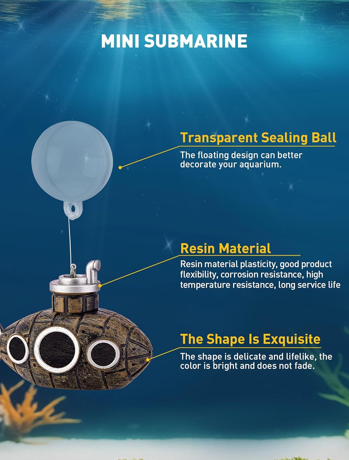 2.1 in Mini Floating Submarine Fish Tank Decoration, Safe Resin Aquarium Decoration for Betta Toys, Cichlid, Goldfish, Shrimps and Hermit Crabs, Cute Retro Underwater Fish Tank Accessories