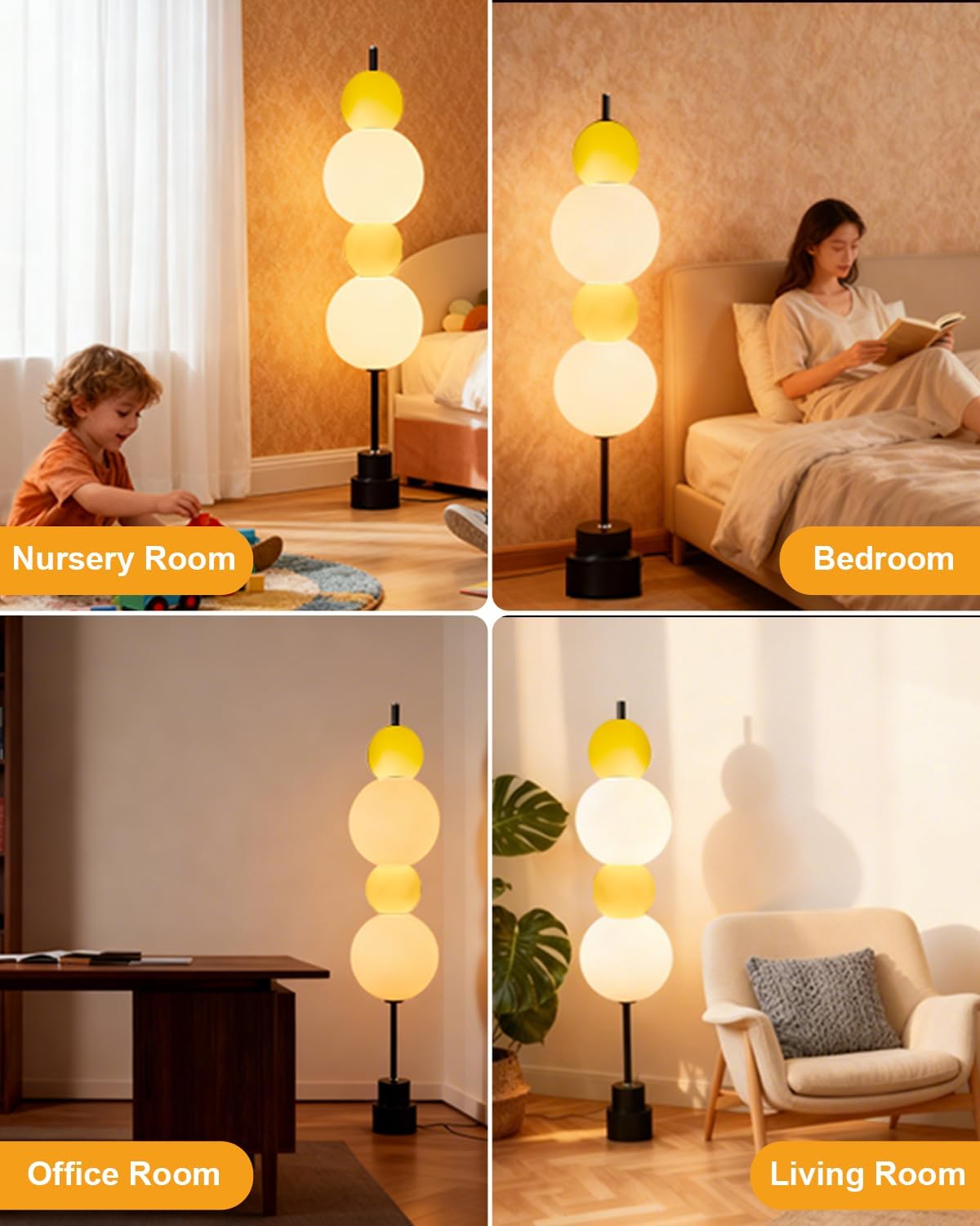 Lightdot Yellow Globe Floor Lamp with 3 Color Temperatures LED Bulbs,Dimmable Floor Lamps with Touch Switch,Unique Modern Standing Tall Lamp for Bedroom Living Room Home Office