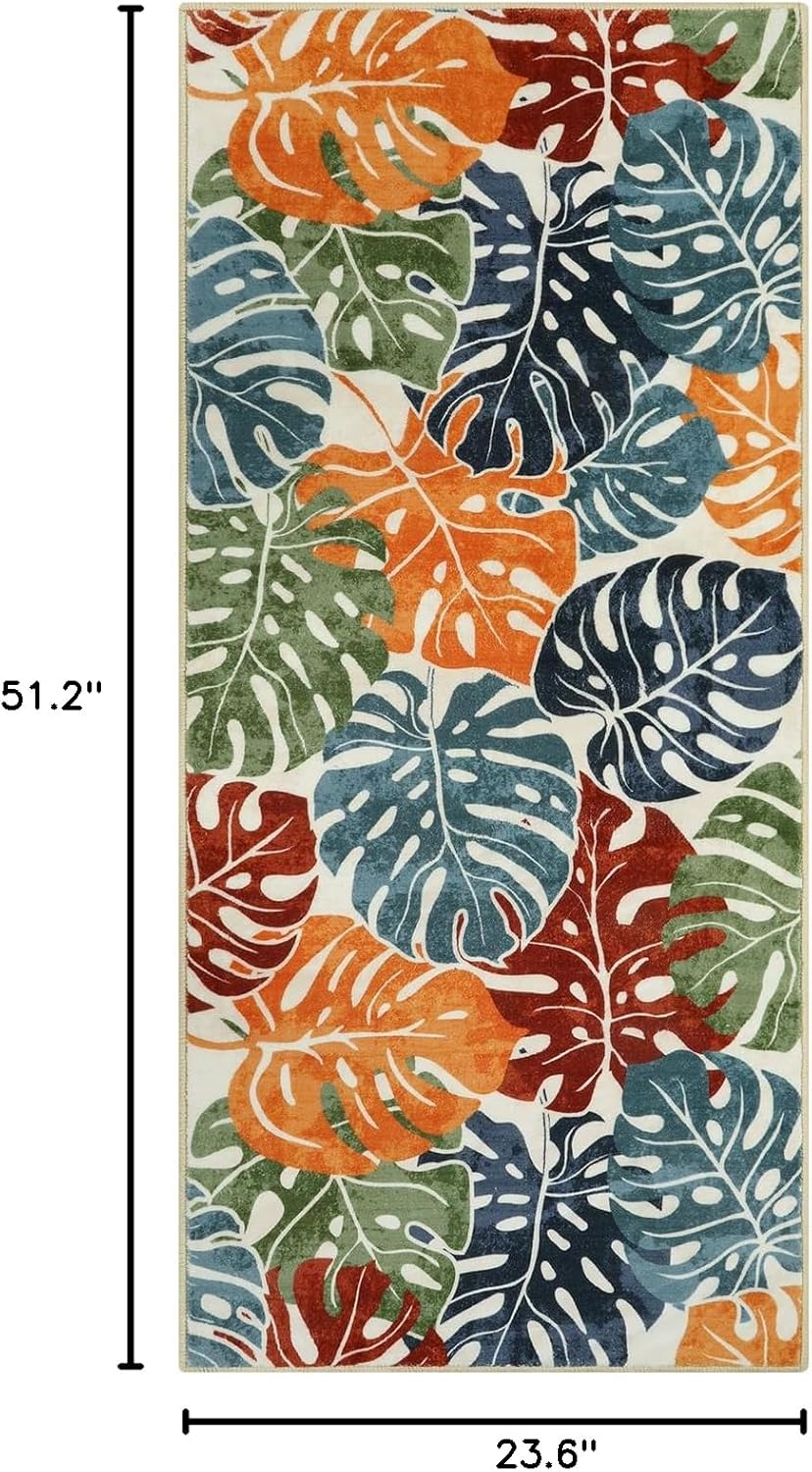 Wonnitar Tropical Colorful Kitchen Runner Rug, 2x4.3 Monstera Washable Leaf Rug Runner, Non-Slip Carpet for Bathroom, Low Pile Non-Shedding Throw Mat for Bedside Laundry Room Sink