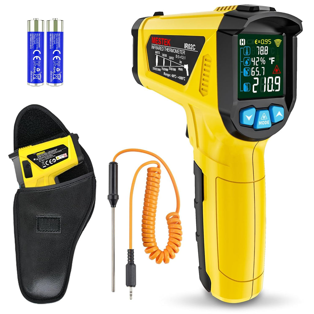 MESTEK Infrared Thermometer Gun, Non-Contact Digital Laser Thermometer Temperature Gun with Probe for Cooking, Home Repairs, IR Temp Gun with Humidity Sensor, Adjustable Emissivity -58°F to 1472°F