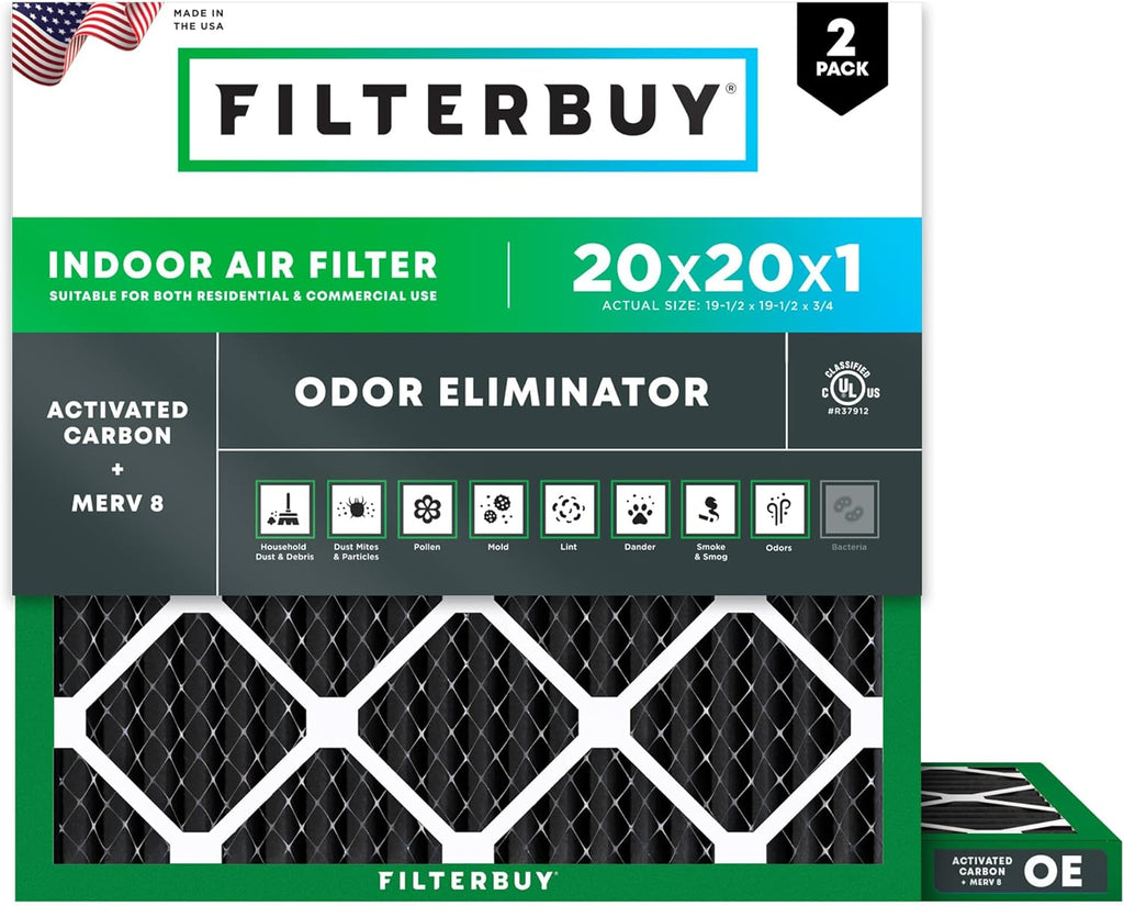 Filterbuy 20x20x1 Air Filter MERV 8 Odor & Allergy Defense with Activated Carbon (2-Pack), Electrostatic Pleated HVAC AC Furnace Filters Replacement, Made in USA (Actual Size: 19.50 x 19.50 x 0.75)