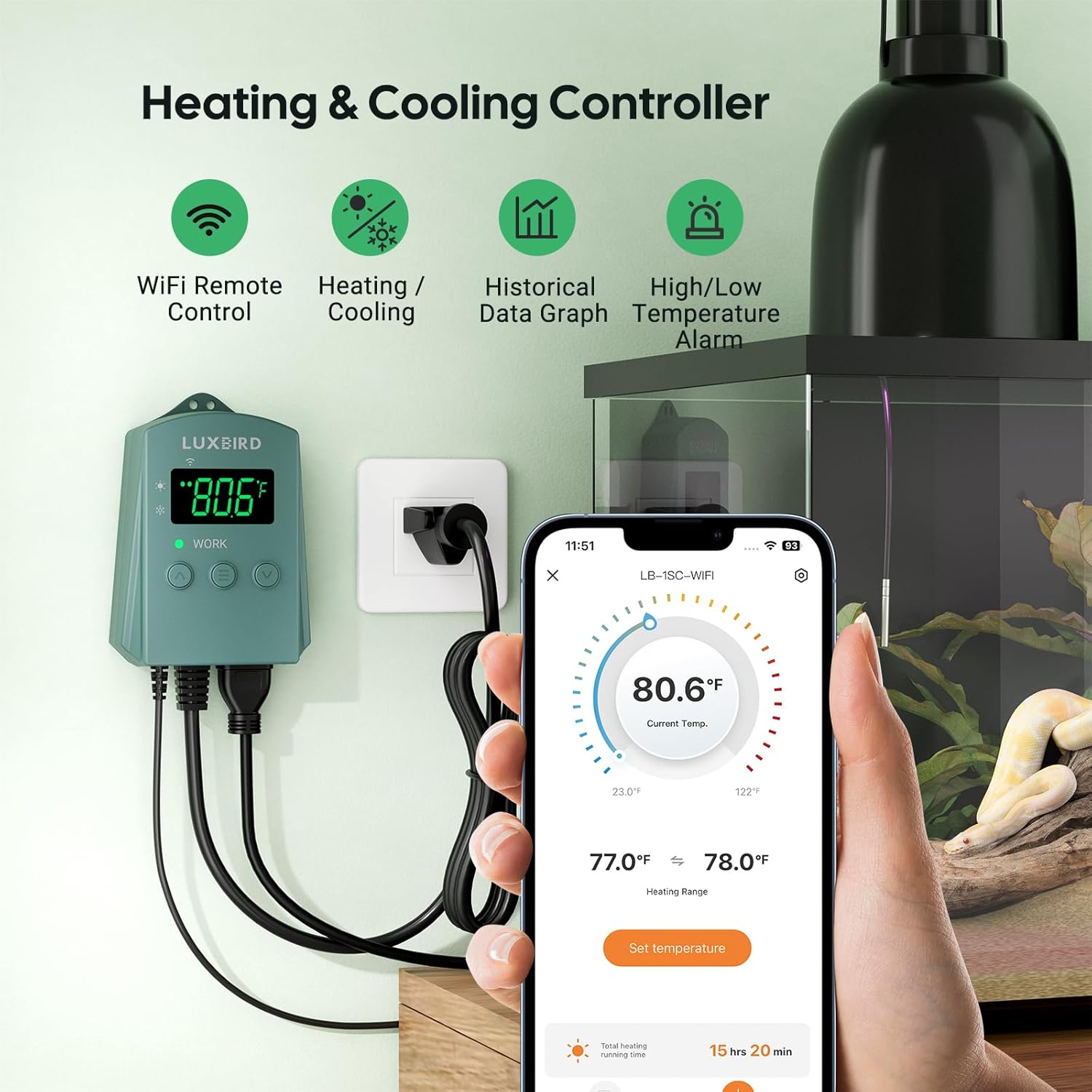 WiFi Digital Heat Mat Thermostat Controller, 32-113°F with Heating Cooling Mode, 365 Day Data Export, 1200W, High/Low Temp Alerts, Plug & Play for Reptile Seedling Brewing Breeding Greenhouse