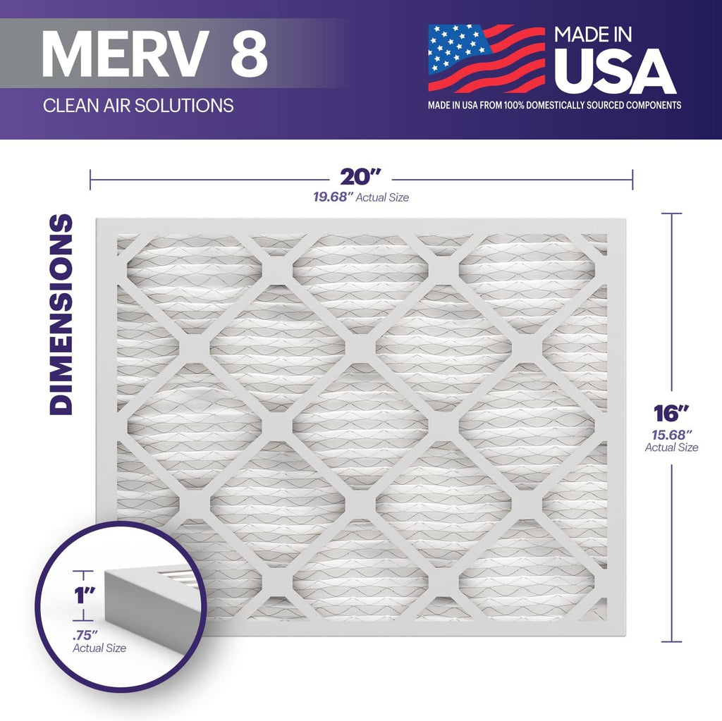 BNX 16x20x1 MERV 8 Air Filter 2 Pack - MADE IN USA - Electrostatic Pleated Air Conditioner HVAC AC Furnace Filters - Removes Dust, Mold, Pollen, Lint