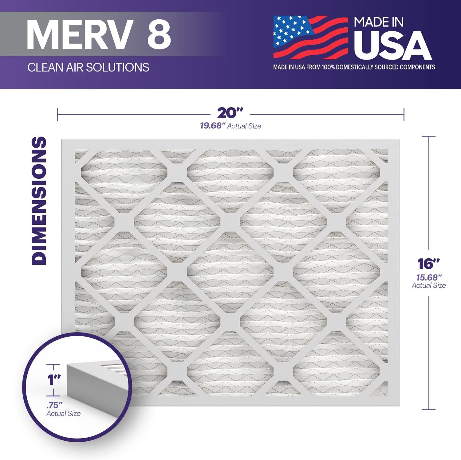 BNX TruFilter 16x20x1 Air Filter MERV 8 (4 Pack) - MADE IN USA – Dust & Pet Defense Electrostatic Pleated Air Conditioner HVAC AC Furnace Filters for Dust, Pet, Mold, Pollen MPR 600 – 700 & FPR 5