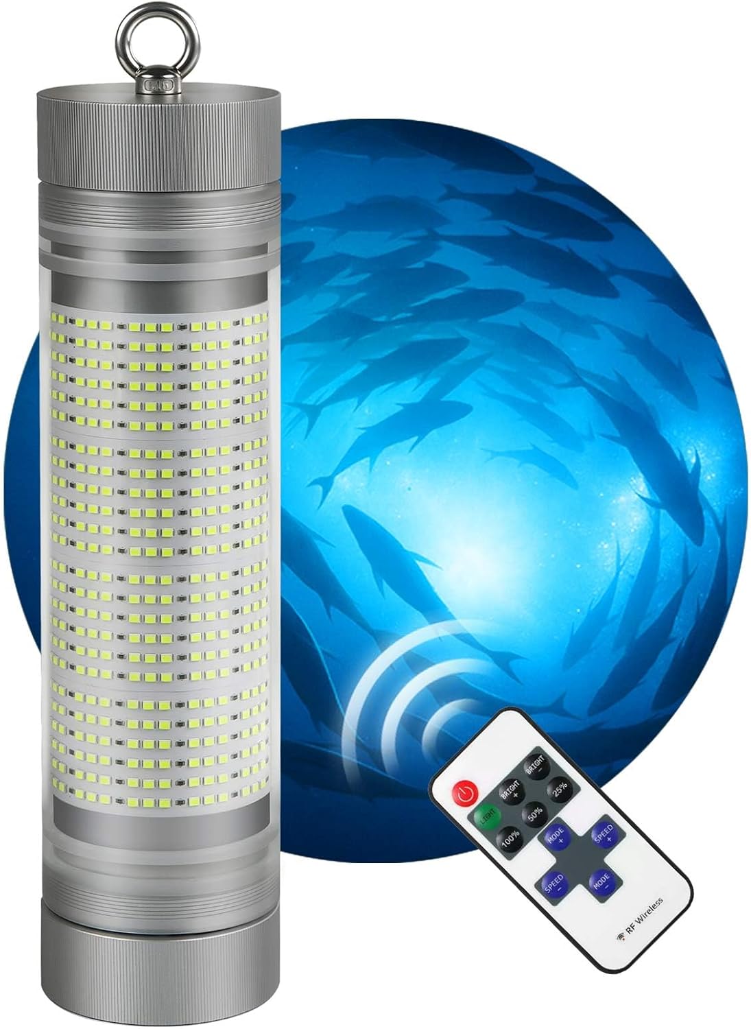 Rechargeable Underwater Fishing Light, Built-in Battery & Cordless, Remote Dimmable, Auto-On in Water, IP68 Waterproof, Multi-Color, Suitable for Boat, Dock, Freshwater, and Saltwater