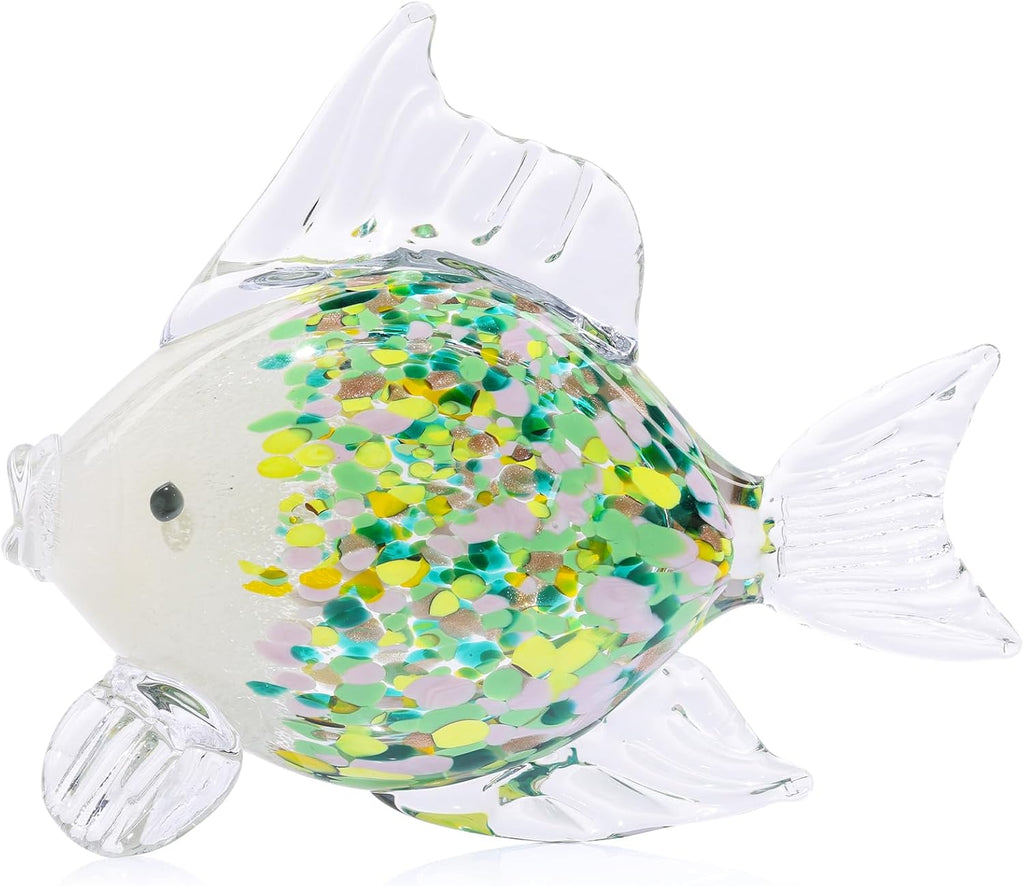 Large Hand Blown Glass Fish Figurines, Aquarium Sea Glass Art, Emerald Green Fish Statue Sculpture Modern Coastal Accent - for Beach Knick Knacks, Coffee Tables, Nautical Offices Centerpiece