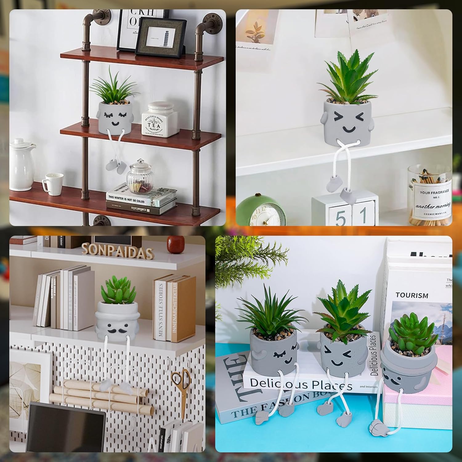 Small Fake Plants Faux Succulents in Grey Pots with Hanging Leg Potted Mini Fake Plants for Office Desk Decor Cute Artificial Succulent Plants for Home Office Desk Decor and Gift Choice - Set of 3