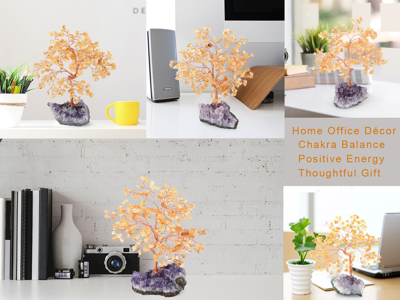 Natural Citrine Crystal Tree with Amethyst Geode Base,Healing Crystals Feng Shui Bonsai Money Tree,Chakra Balancing Positive Energy Home Decor 5.5"-6.3"