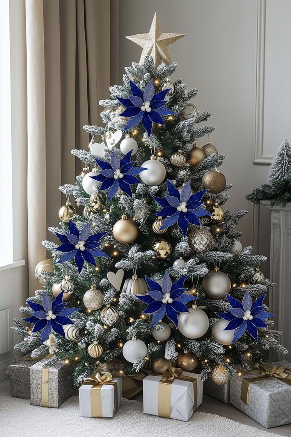 Hollyone 3PCS Poinsettia Christmas Flowers Artificial 11" Large Velvet Blue Glitter Poinsettia Flowers Christmas Tree Ornaments Floral Picks for Tree Wreath Garland Vase Table Centerpiece Home Decor