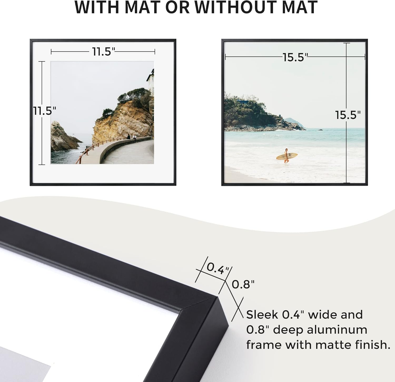 16x16 Metal Picture Frame with 12x12 Mat, Brushed Aluminum Finish, Tempered Glass Front, and Attached Hanging Hardware - Versatile Wall Display Frames for Vertical or Horizontal Orientation(Black,