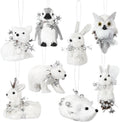 8 Pack Sisal Woodland Friends Animals White Mini Winter Christmas Tree Hanging Ornaments Set Natural Sisal Straw Figurines Rustic Forest Hanging Accessory Decor for Winter Fairyland Decor