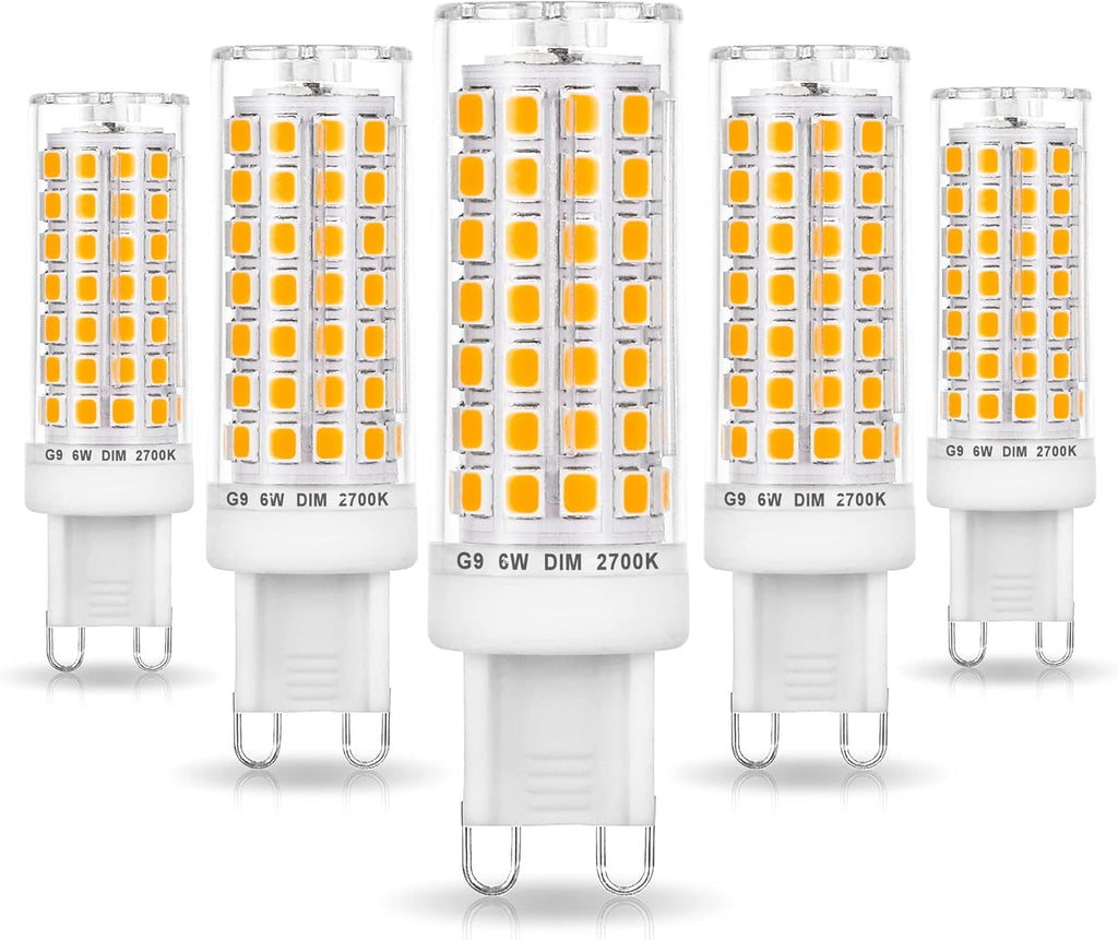 No Flicker G9 Led Bulbs Dimmable 6W Soft Warm White 2700K,40W 50W 60W Halogen Equivalent,AC120V Dimmable G9 T4 LED Bulb for Chandelier Pendant Ceiling Wall Light,600LM,360Deg(5Pack)