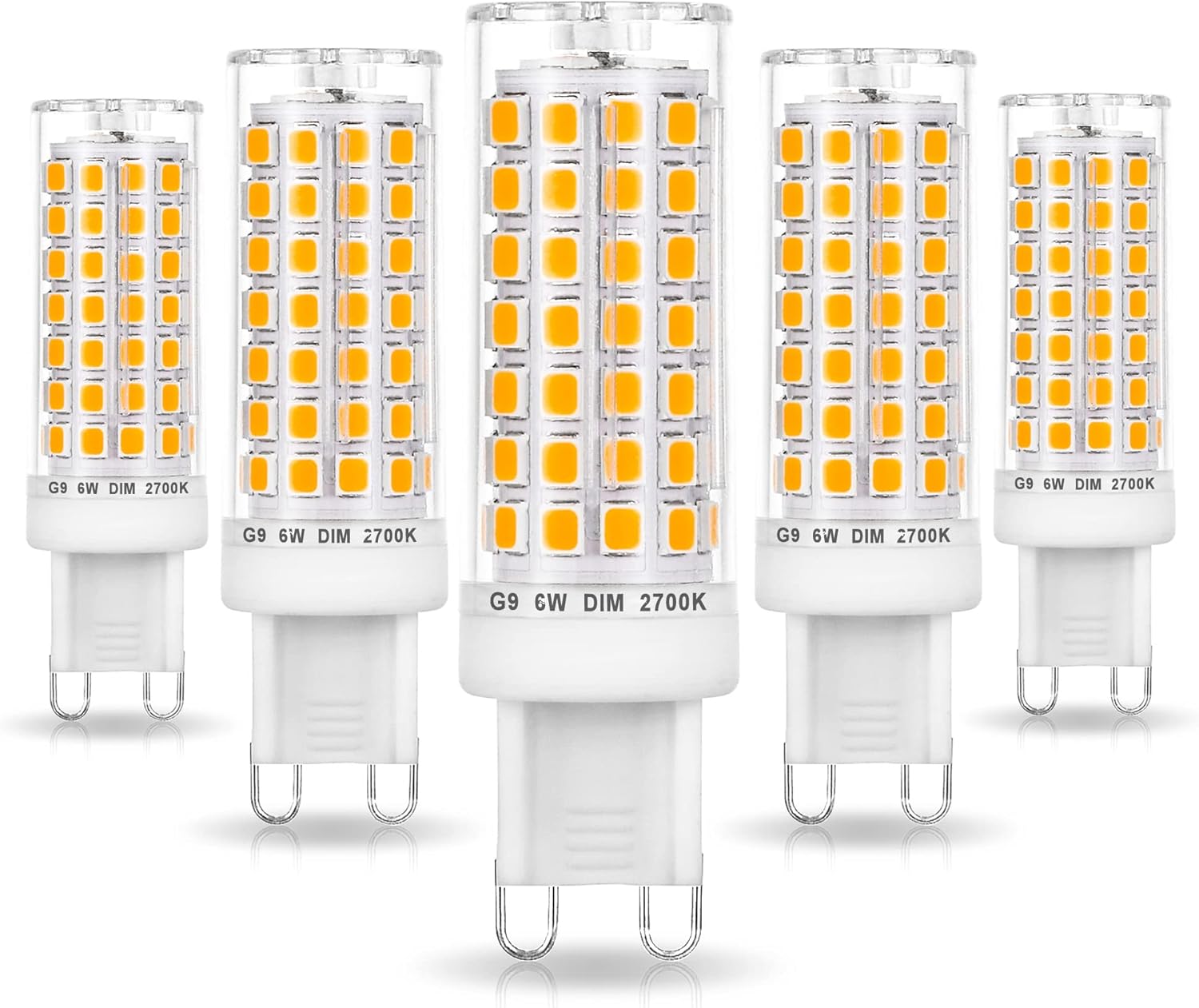 No Flicker G9 Led Bulbs Dimmable 6W Soft Warm White 2700K,40W 50W 60W Halogen Equivalent,AC120V Dimmable G9 T4 LED Bulb for Chandelier Pendant Ceiling Wall Light,600LM,360Deg(5Pack)