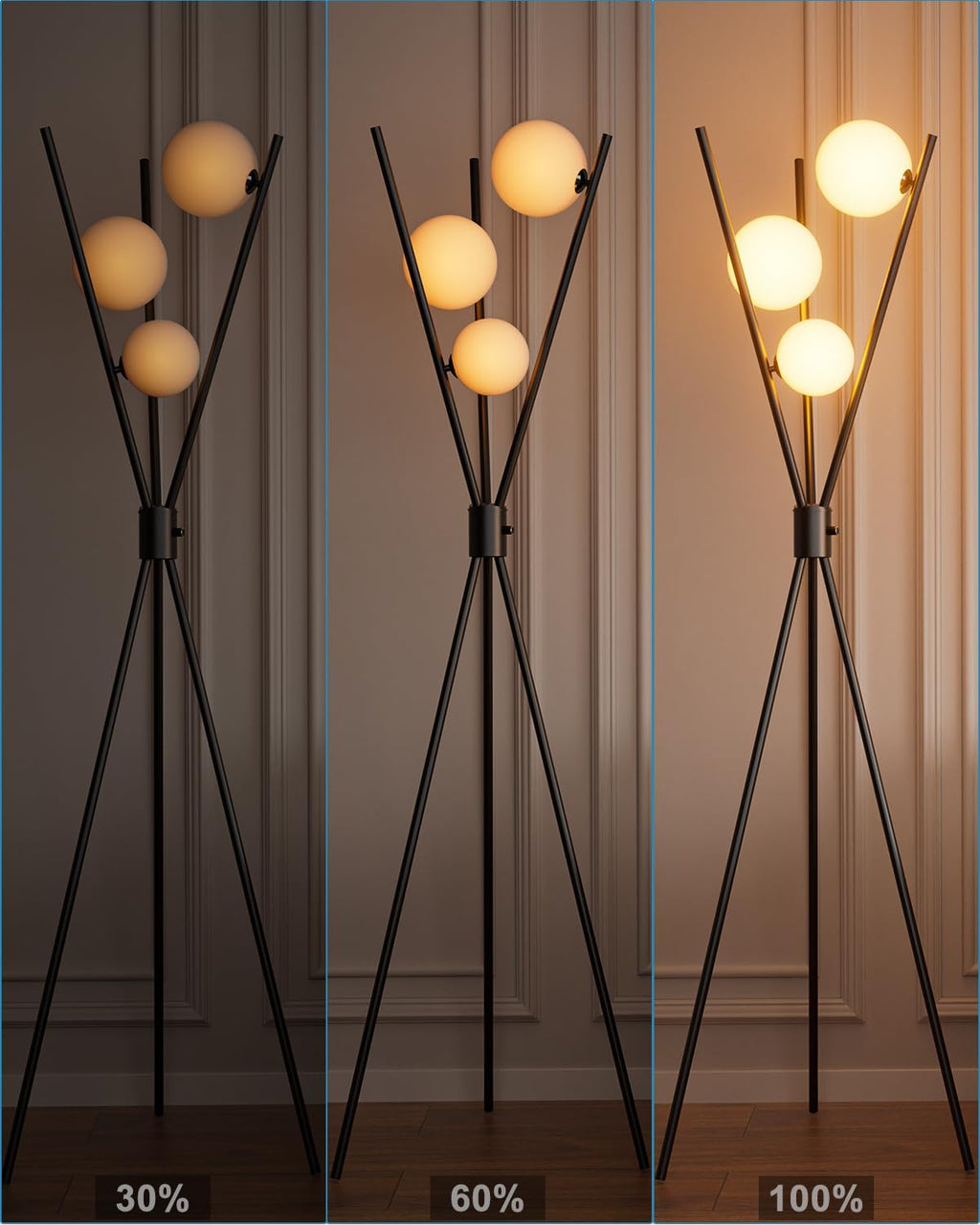 Lightdot 60IN Dimmable Tripod Floor Lamp Mid Century Black Standing Lamps with 3Pcs 3000K G9 Bulbs Globe Eye Care&Stable Base Modern Tall Lamp for Living Room Bedroom Office