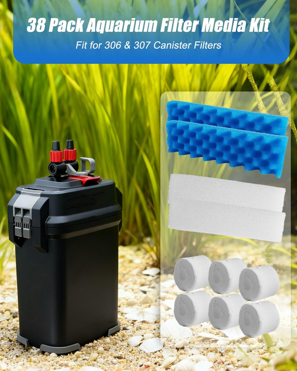 38 Pack Aquarium Filter Media Kit Fit for 306 307 Canister Filters, Includes Water Polishing Pad, Bio Foam Pad, Foam Blocks, Ceramic Rings, Activated Carbon, Filter Mesh Bag