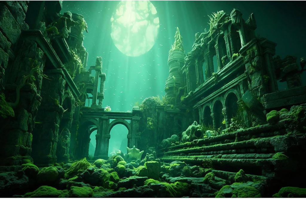 Underwater Aquarium Background Undersea Roman Building with Plants Around Seabed Fish Tank Background Underwater Building Stone with Moss Terrarium Background Undersea Aquarium Backdrop 24x12in