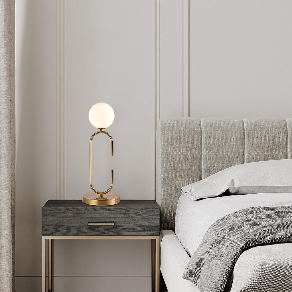 Mid Century C-Shape Table Lamp Gold 2-Light Globe Dimmable Table Lamp with Milk White Glass Gold Nightstand Lamp for Bedroom Bedside,G9 Bulb(Not Included)