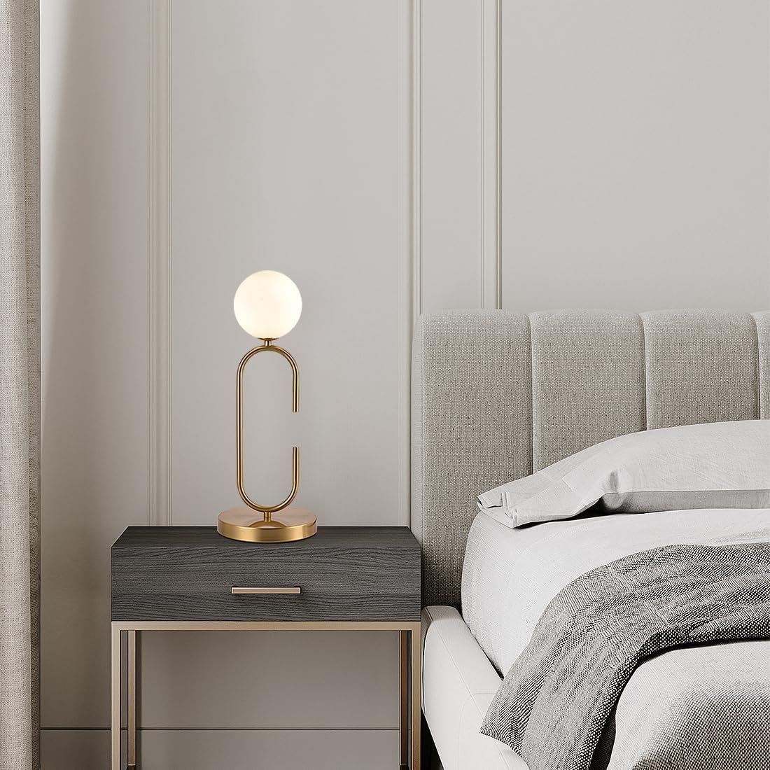 Mid Century C-Shape Table Lamp Gold 2-Light Globe Dimmable Table Lamp with Milk White Glass Gold Nightstand Lamp for Bedroom Bedside,G9 Bulb(Not Included)