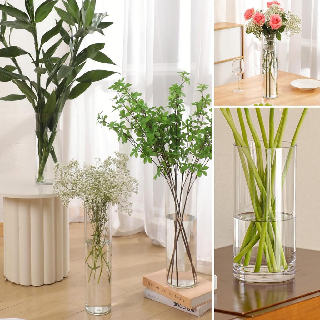 4 Large Acrylic Clear Cylinder Vase Set with 4 Spiral Ikebana Stem Holder Ring, Unbreakable Tall Plastic Hurricane Vases for Wedding Centerpieces Flower Bouquet Decor (4 Vases + 2 Holder)
