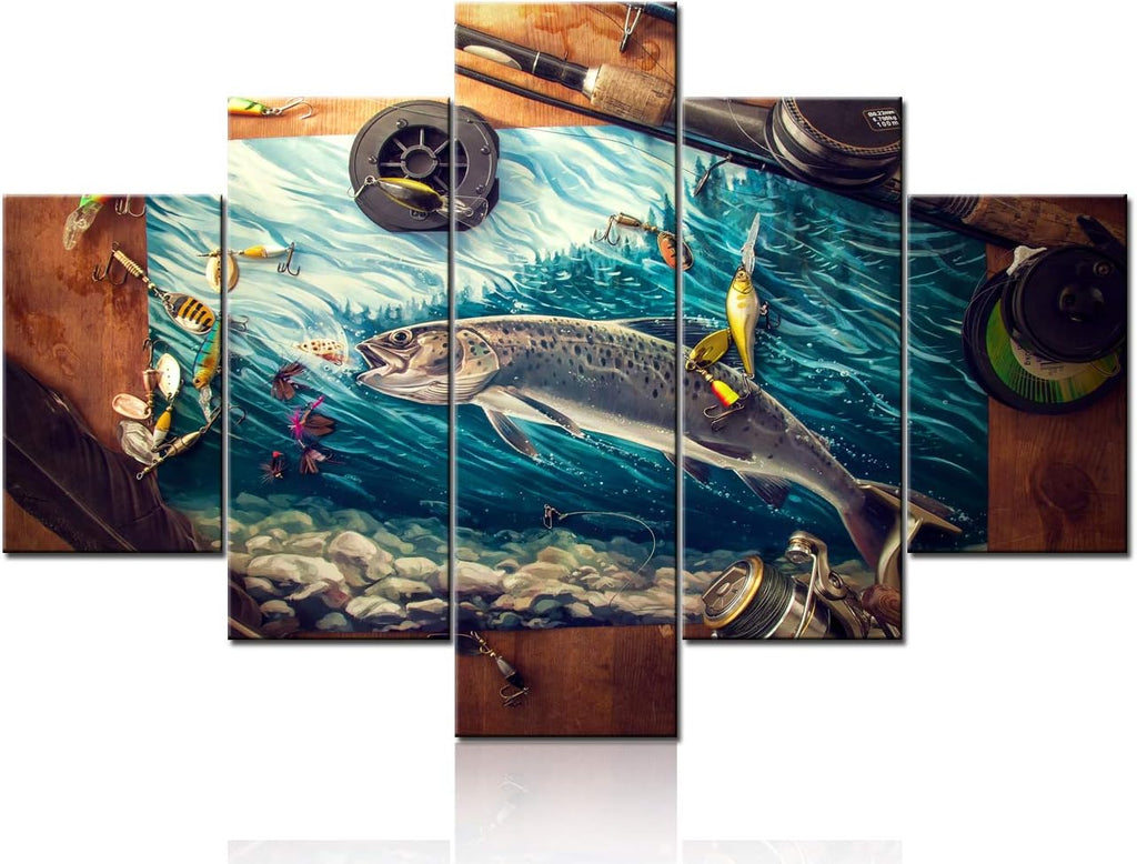 Wall Art for Living Room Fishing Reel and Rod Pictures Fish Angling Paintings 5 Panel Printed on Canvas Landscape Artwork Rustic House Decor Wooden Framed Gallery-Wrapped Ready to Hang(60''Wx40''H)