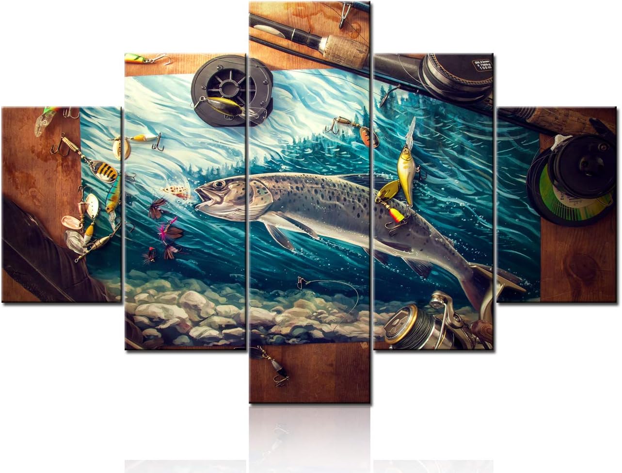Wall Art for Living Room Fishing Reel and Rod Pictures Fish Angling Paintings 5 Panel Printed on Canvas Landscape Artwork Rustic House Decor Wooden Framed Gallery-Wrapped Ready to Hang(60''Wx40''H)