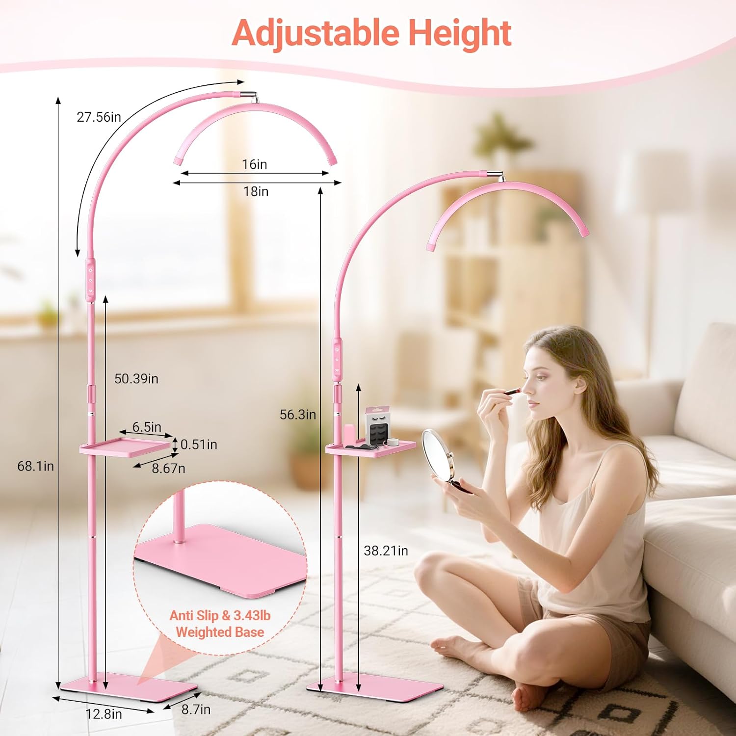 LIONVISON Half Moon Lash Light: 6500K LED Lamp Ring Light with Tray - 360° Flexible Gooseneck Durable Metal Stand - Salon Use for Lash Artists Eyelash Extensions (18In Pink)