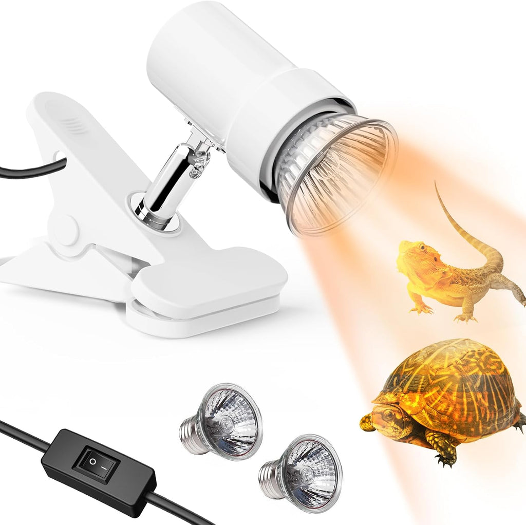 Reptile Heat Lamp, Rotatable UVA/UVB Light Lamp with 2PCS 50W Basking Bulbs, Suitable for Reptiles, Amphibians, Turtle, Lizard, Spiders, Birds, Snake (White)