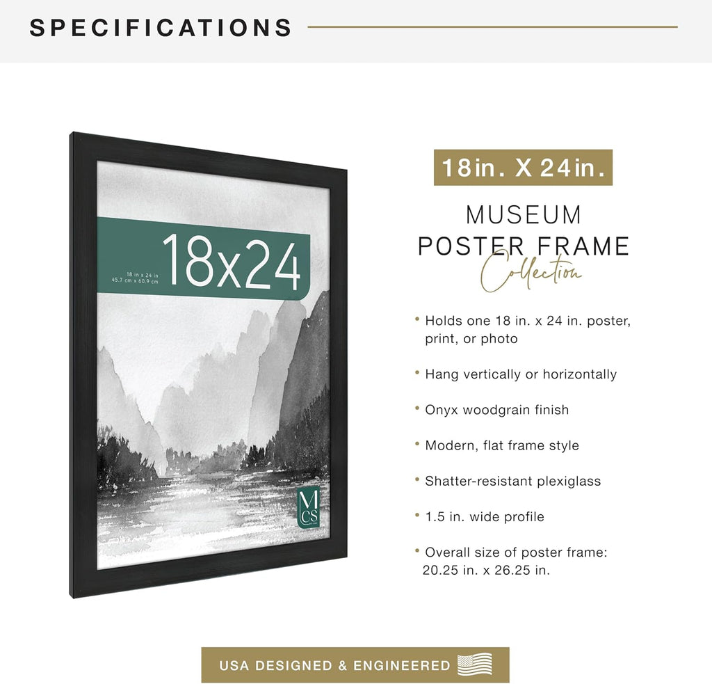 MCS Museum Poster Frame 18x24 Onyx Woodgrain, Vertical & Horizontal Wall Hanging Large Picture Frame for Photos, Posters & Art Prints (1-Pack)