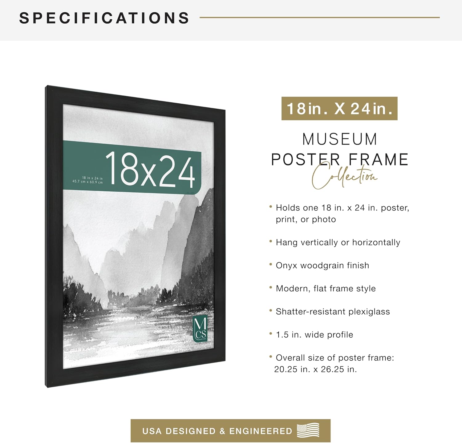 MCS Museum Poster Frame 18x24 Onyx Woodgrain, Vertical & Horizontal Wall Hanging Large Picture Frame for Photos, Posters & Art Prints (1-Pack)