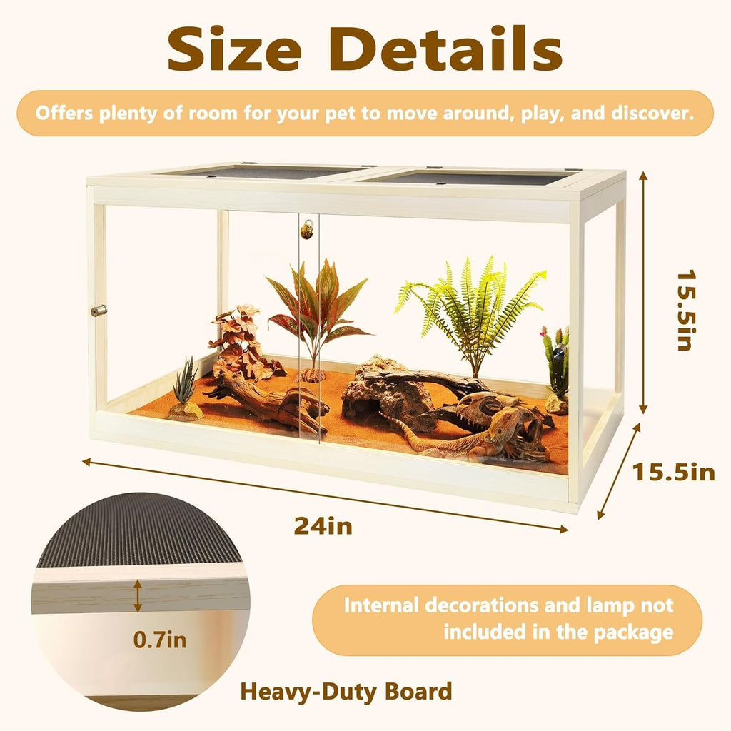 PROLEE Bearded Dragon Tank, Reptile Tank with Meatl Mesh Roof and Front Sliding Door, Lizard Tank,Spacious Reptile Enclosure for Snakes,Lguanas, Chameleons (Oak, 27 Gallon Volume, 24 Inch Length)