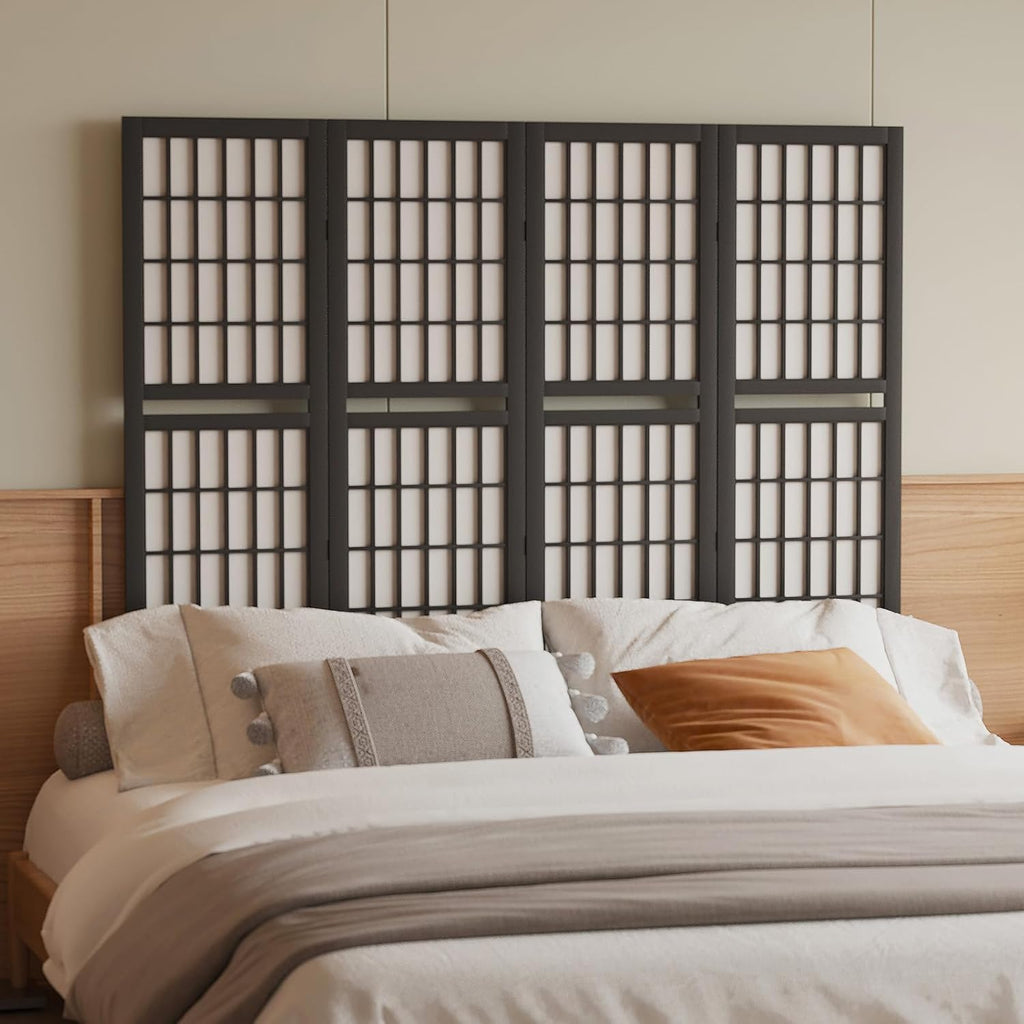 Room Divider with Shelves, 66.9-Inch Tall Japanese Shoji Style Wood Screen with Double Hinges for Home Office Bedroom Hotel Decoration (4 Panels, Black)