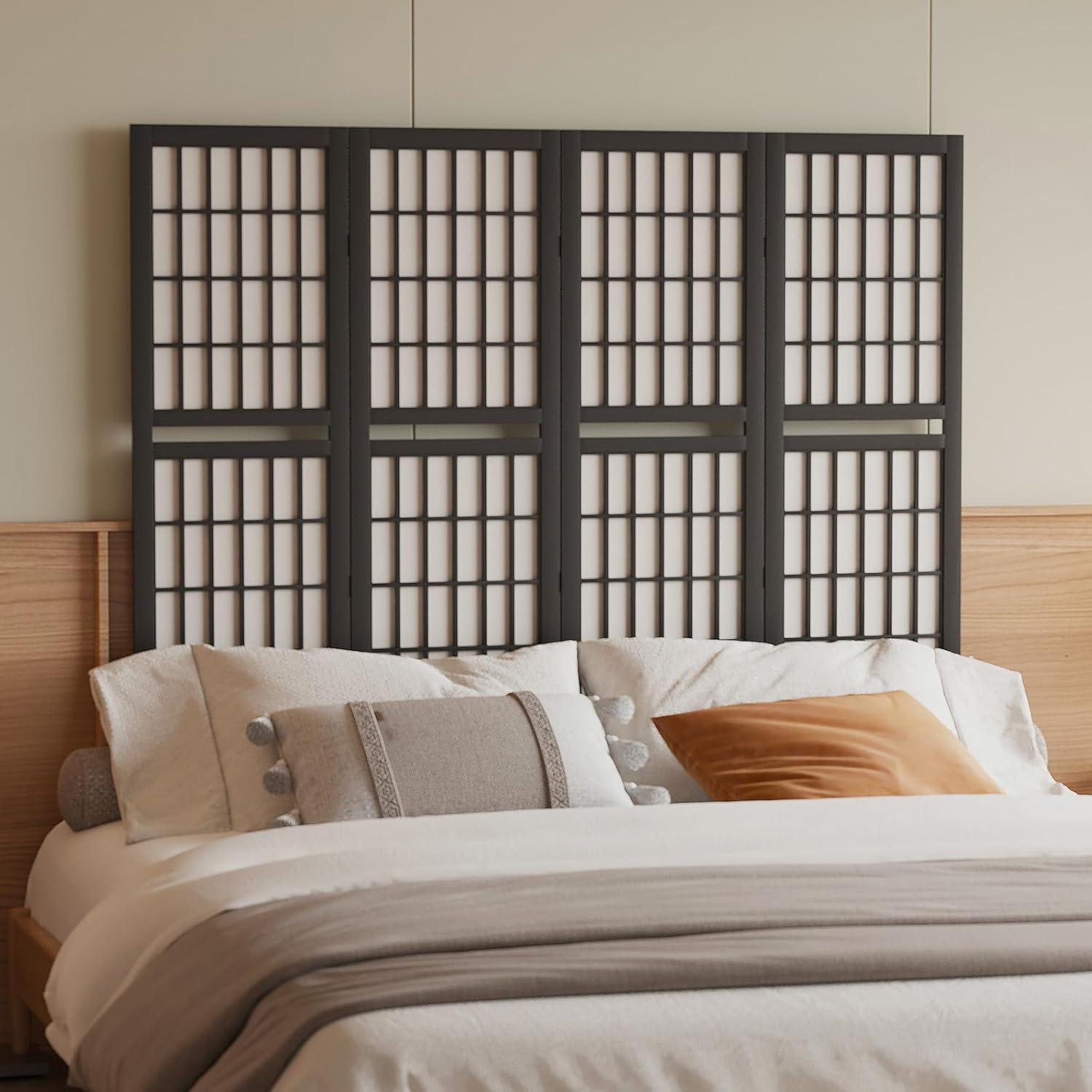Room Divider with Shelves, 66.9-Inch Tall Japanese Shoji Style Wood Screen with Double Hinges for Home Office Bedroom Hotel Decoration (4 Panels, Black)